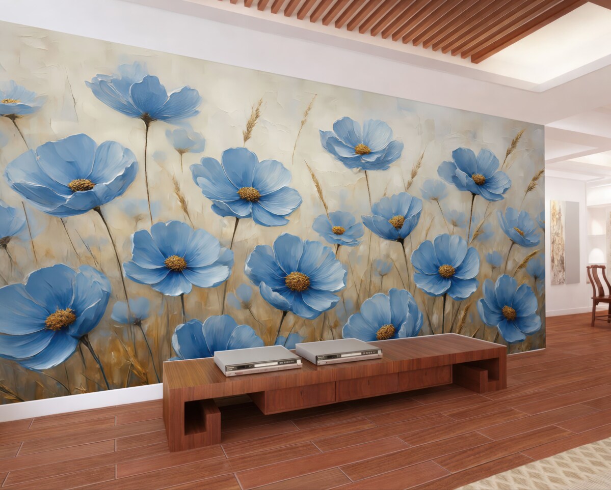 Fototapeta Niebieskie kwiaty na abstrakcyjnym tle, naśladujące pociągnięcia pędzlem olejnym.