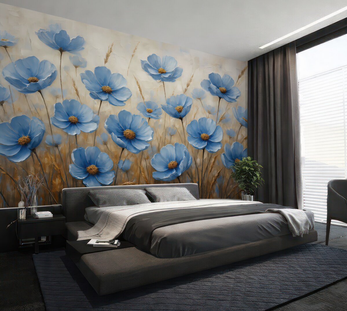 Fototapeta Niebieskie kwiaty na abstrakcyjnym tle, naśladujące pociągnięcia pędzlem olejnym.