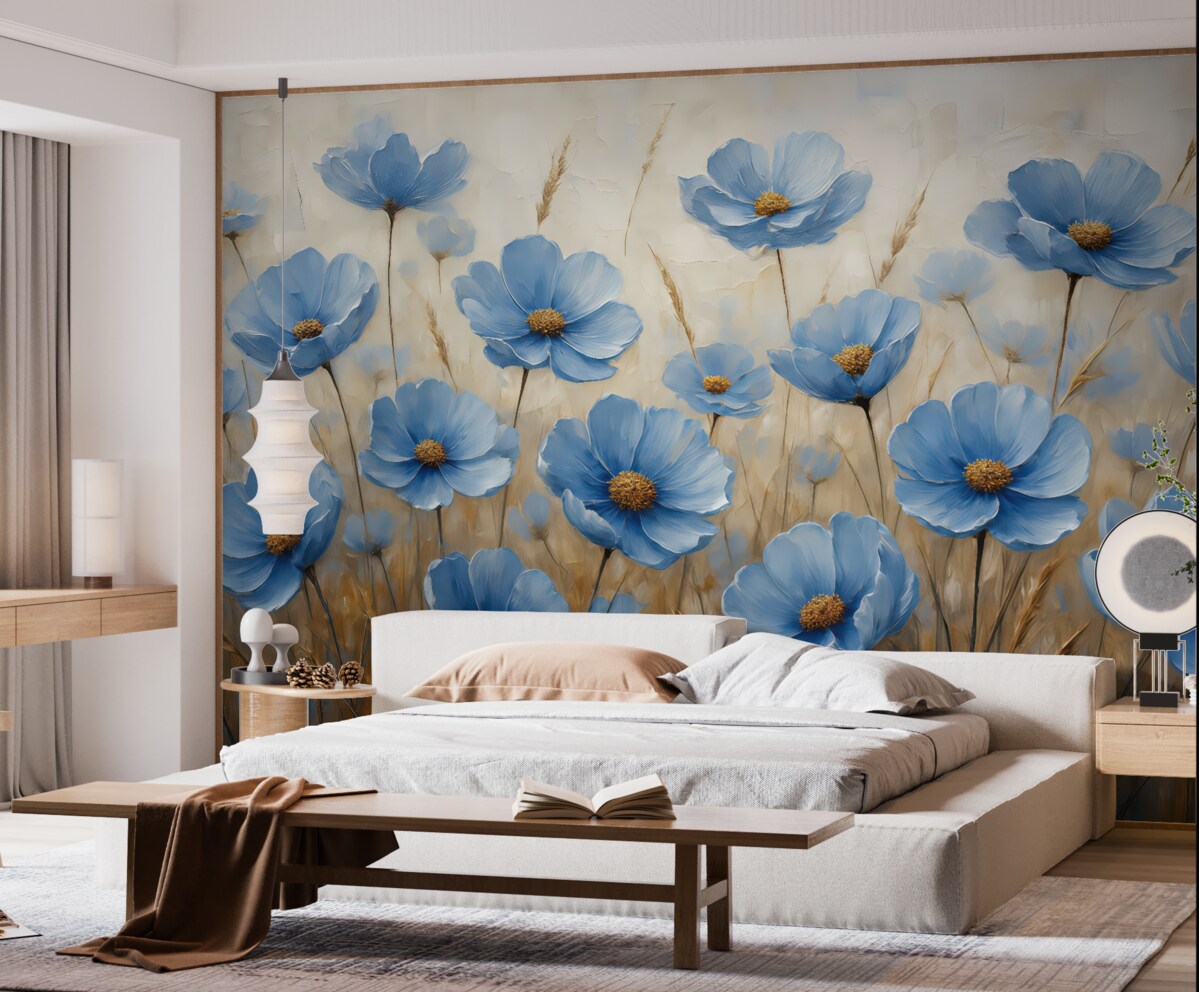 Fototapeta Niebieskie kwiaty na abstrakcyjnym tle, naśladujące pociągnięcia pędzlem olejnym.