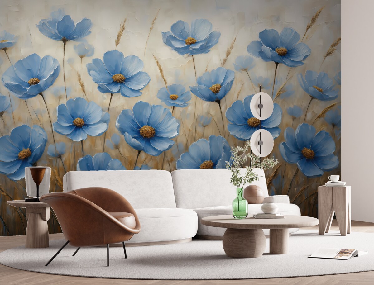 Fototapeta Niebieskie kwiaty na abstrakcyjnym tle, naśladujące pociągnięcia pędzlem olejnym.