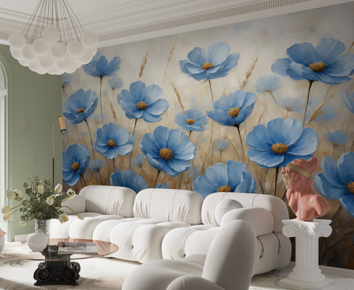 Fototapeta Niebieskie kwiaty na abstrakcyjnym tle, naśladujące pociągnięcia pędzlem olejnym.