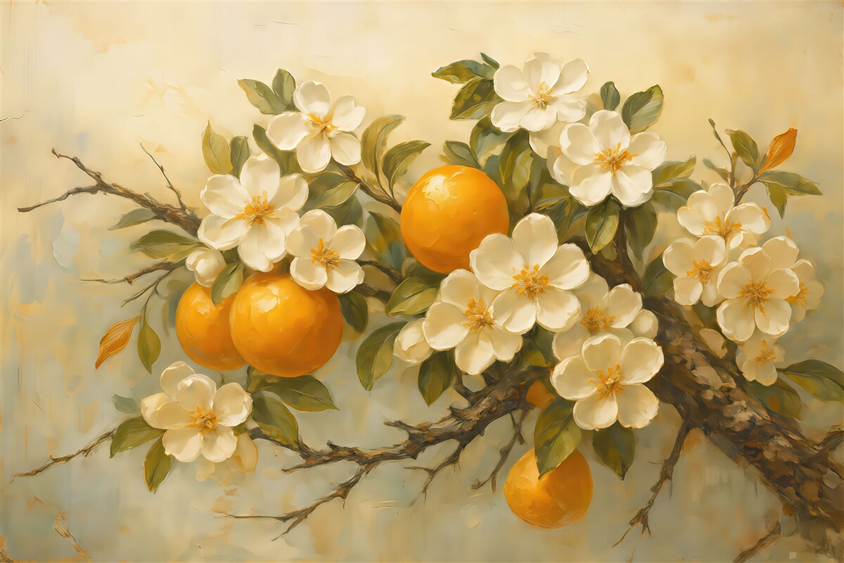 Fototapeta Gałązka z pomarańczami i białymi kwiatkami.