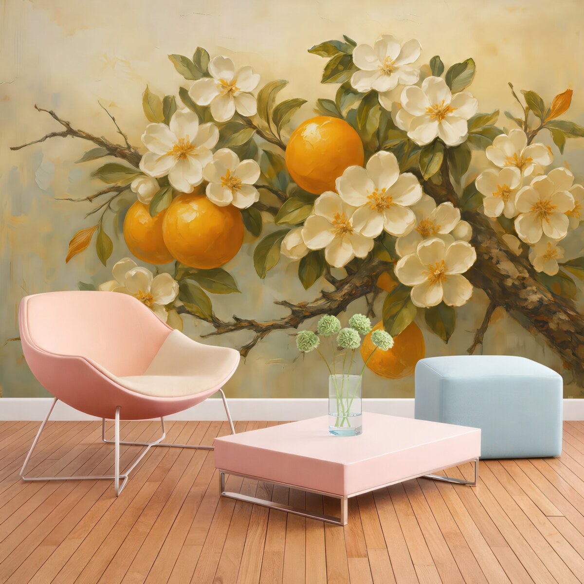 Fototapeta Gałązka z pomarańczami i białymi kwiatkami.