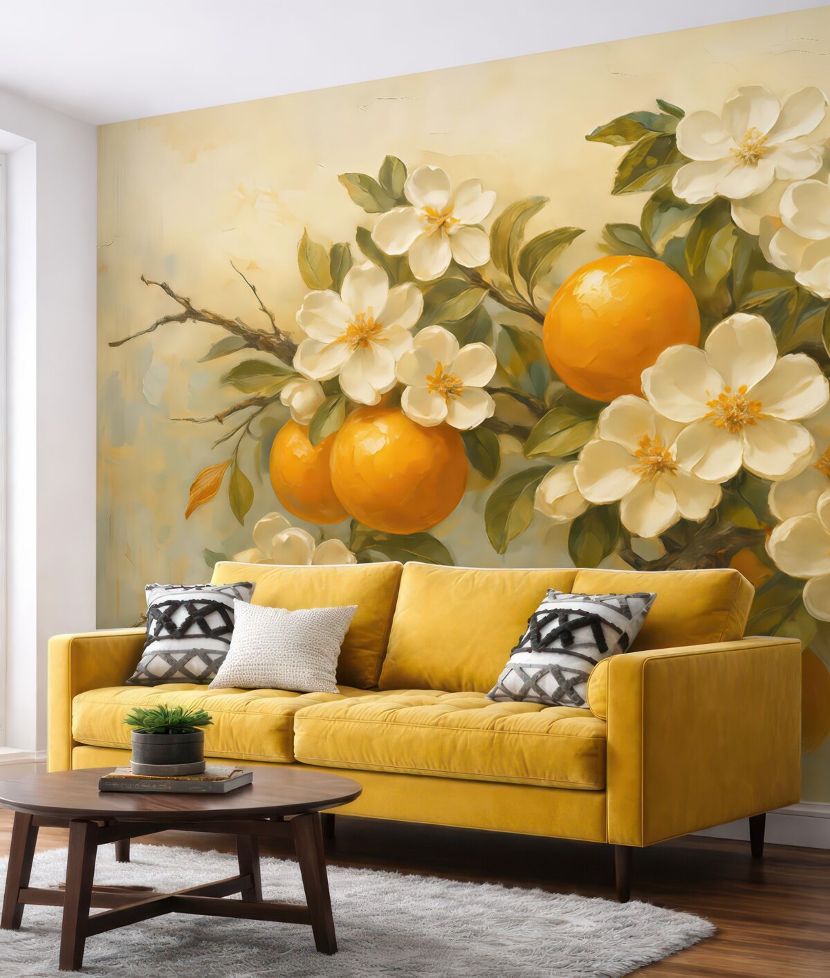 Fototapeta Gałązka z pomarańczami i białymi kwiatkami.