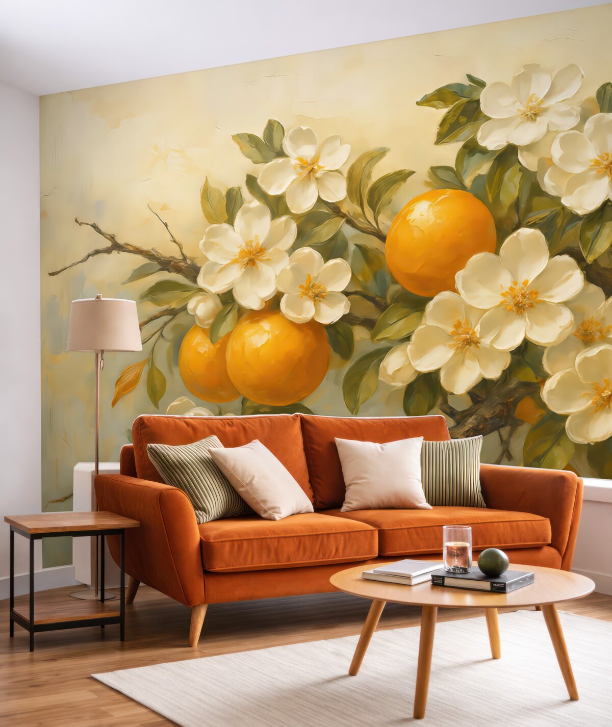 Fototapeta Gałązka z pomarańczami i białymi kwiatkami.