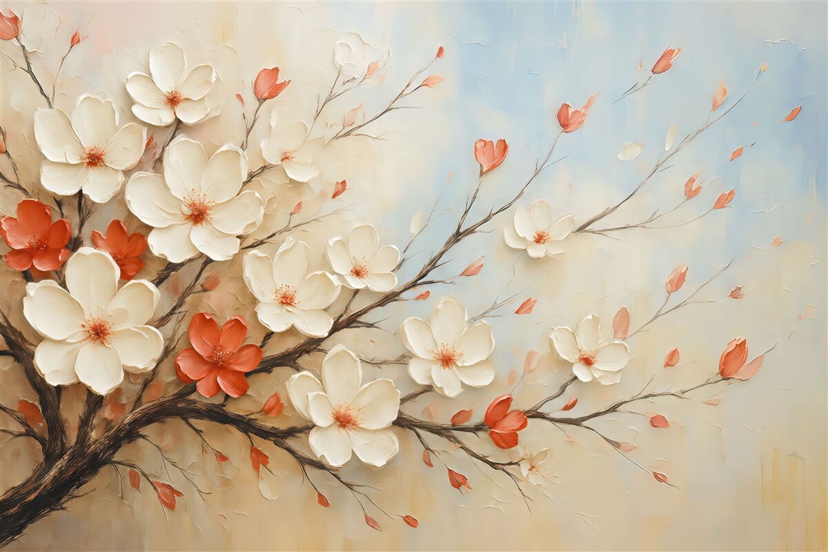 Fototapeta Gałązka z abstrakcyjnymi białymi oraz czerwonymi kwiatami na szaro-niebiesko-beżowym tle.