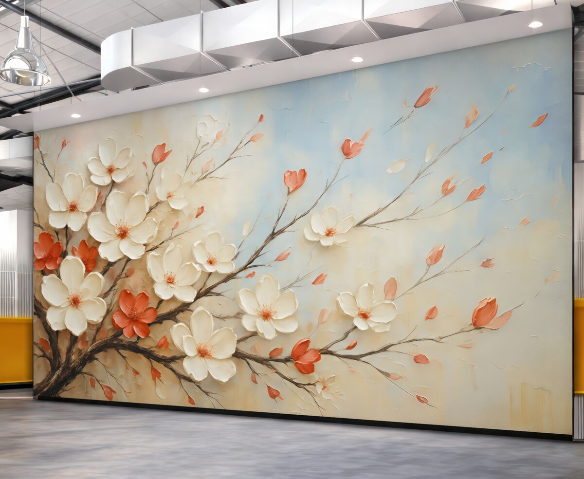 Fototapeta Gałązka z abstrakcyjnymi białymi oraz czerwonymi kwiatami na szaro-niebiesko-beżowym tle.