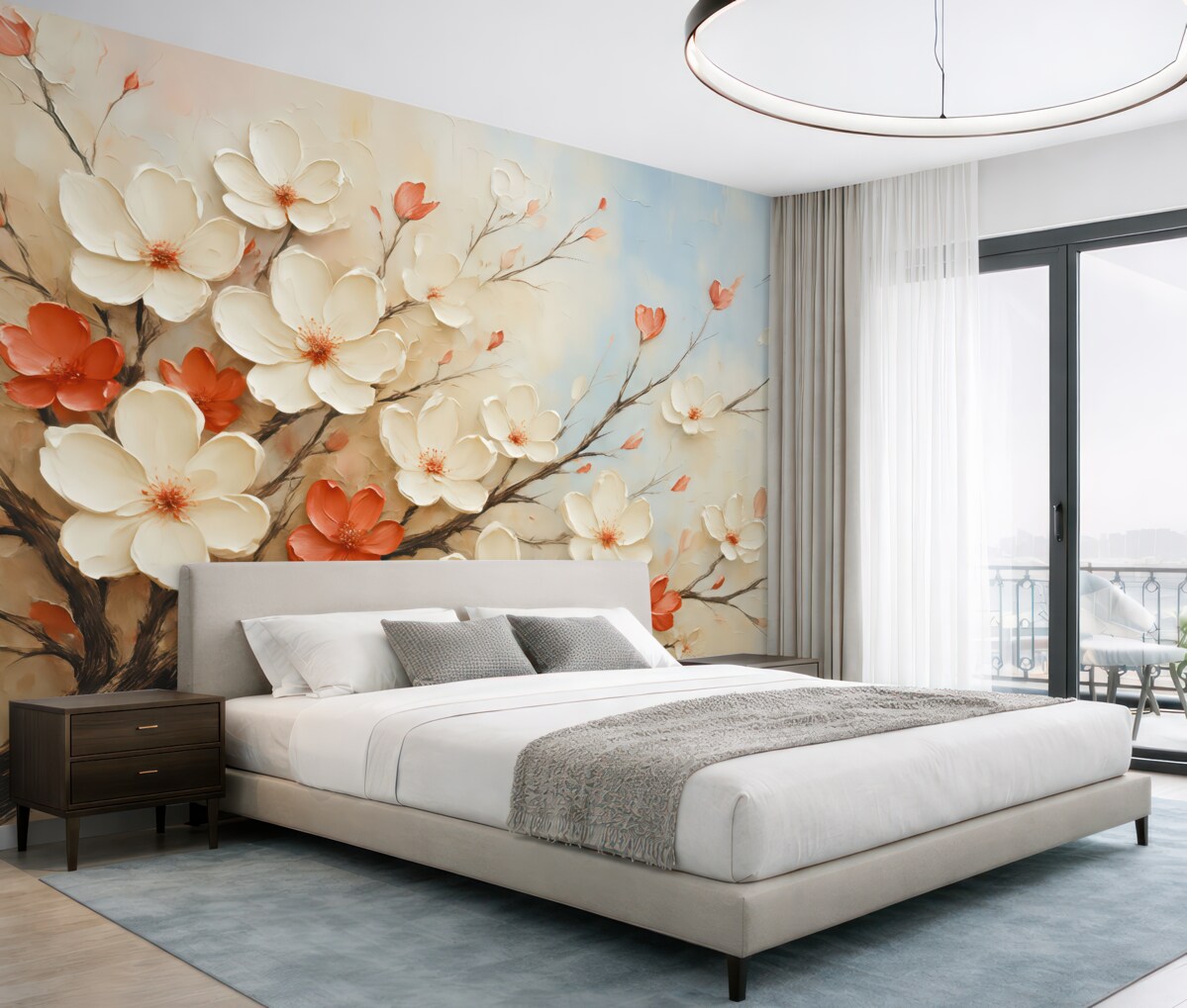 Fototapeta Gałązka z abstrakcyjnymi białymi oraz czerwonymi kwiatami na szaro-niebiesko-beżowym tle.