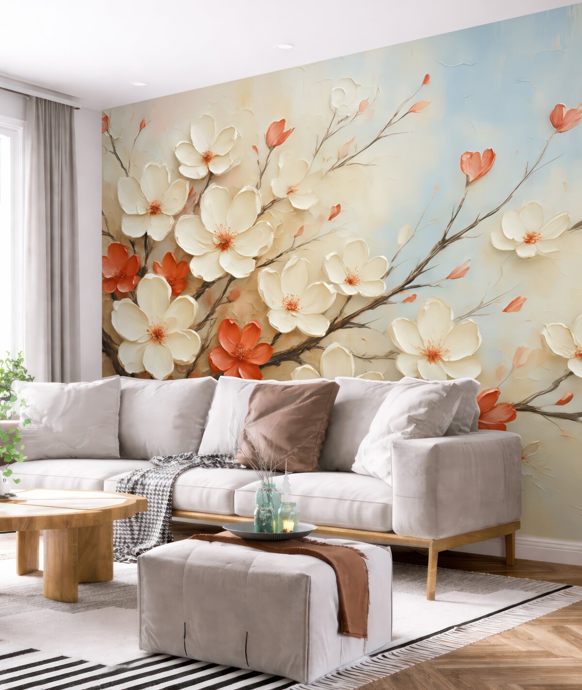 Fototapeta Gałązka z abstrakcyjnymi białymi oraz czerwonymi kwiatami na szaro-niebiesko-beżowym tle.