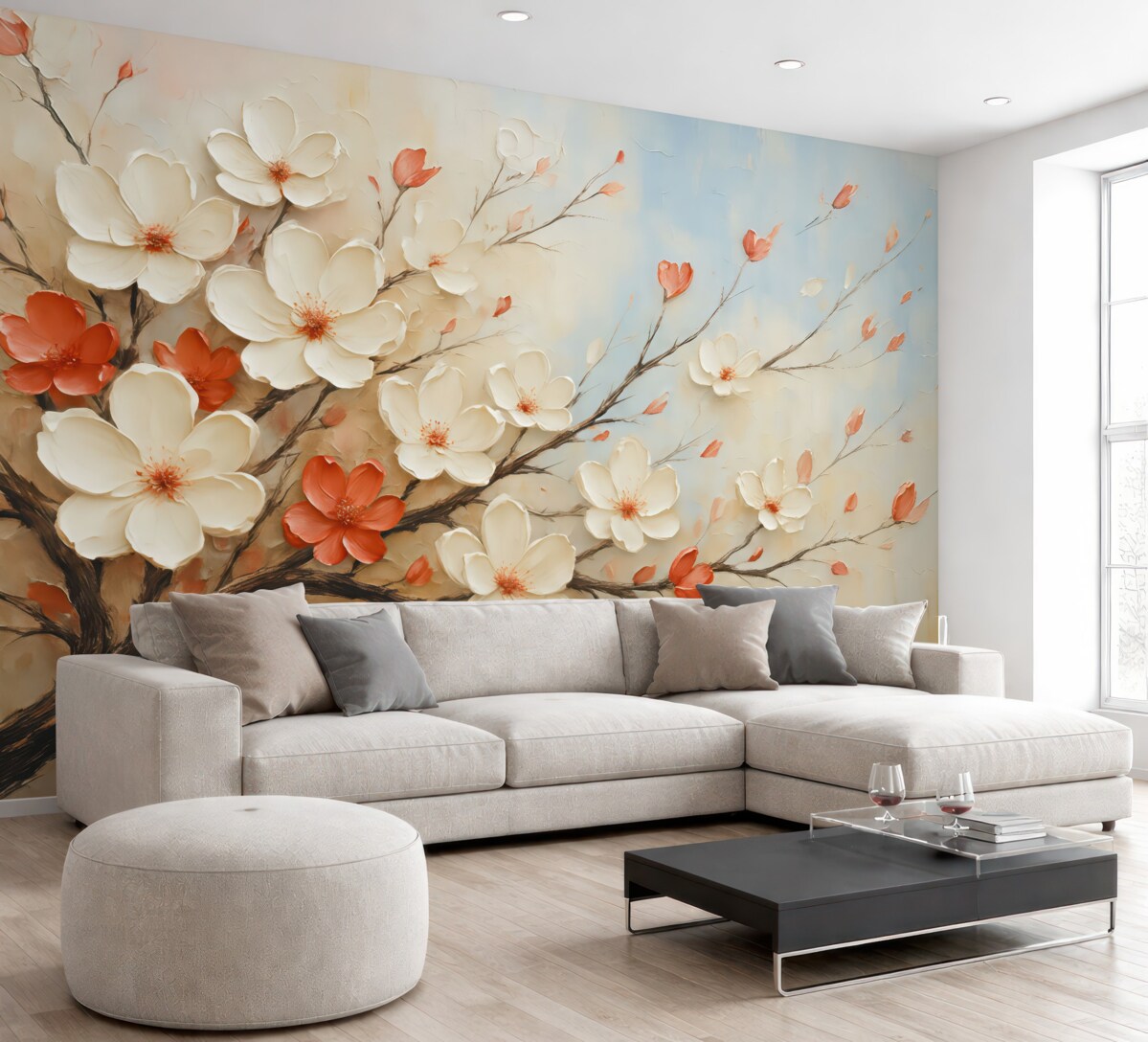 Fototapeta Gałązka z abstrakcyjnymi białymi oraz czerwonymi kwiatami na szaro-niebiesko-beżowym tle.