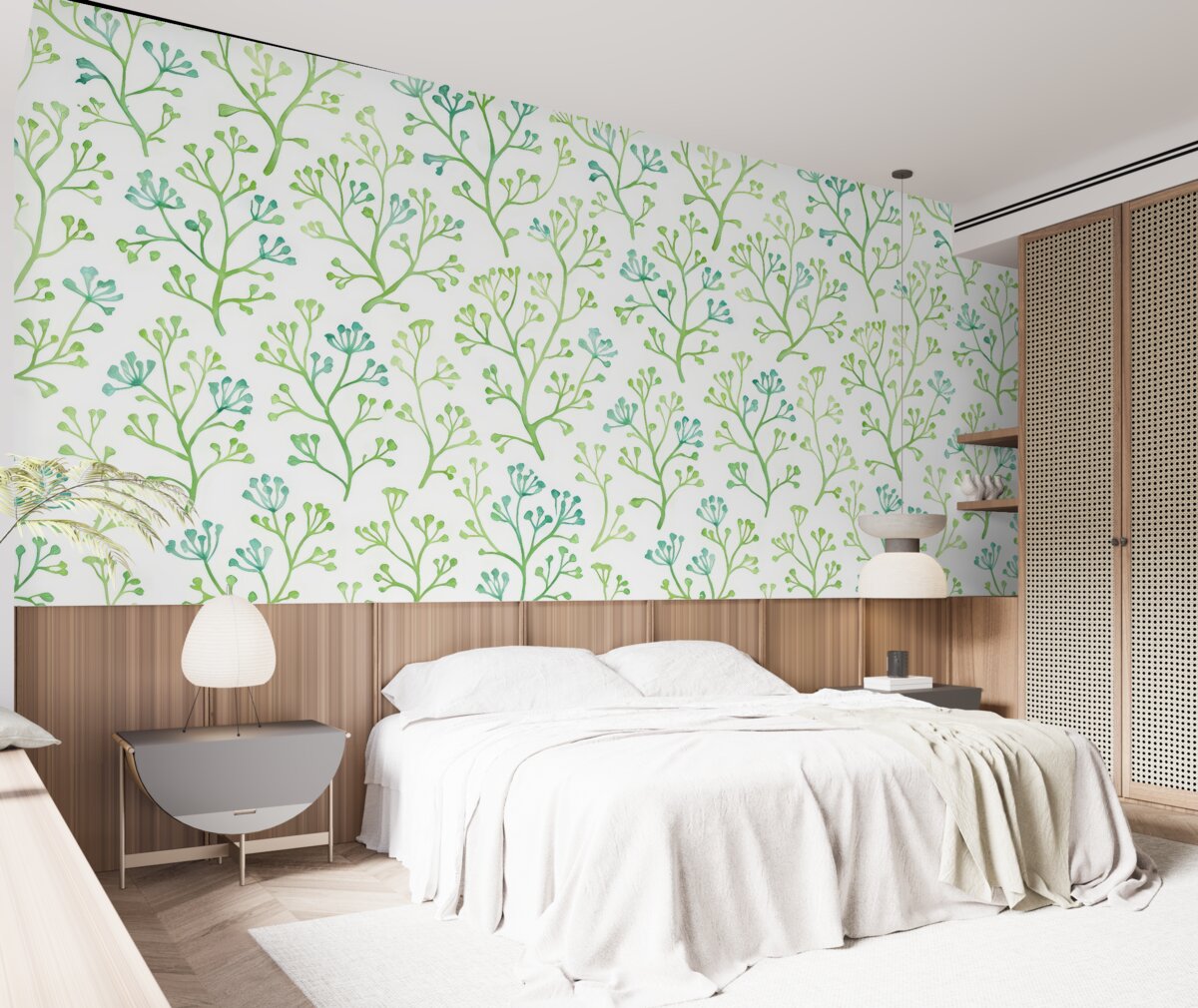 Fototapeta Wzór kwiatowy w stylistyce akwarelowej w odcieniach zieleni i turkusu na jasnym tle.