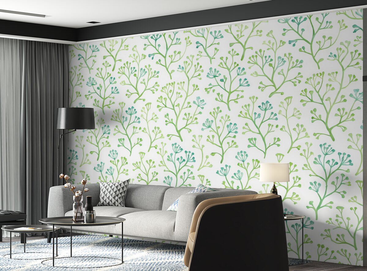 Fototapeta Wzór kwiatowy w stylistyce akwarelowej w odcieniach zieleni i turkusu na jasnym tle.