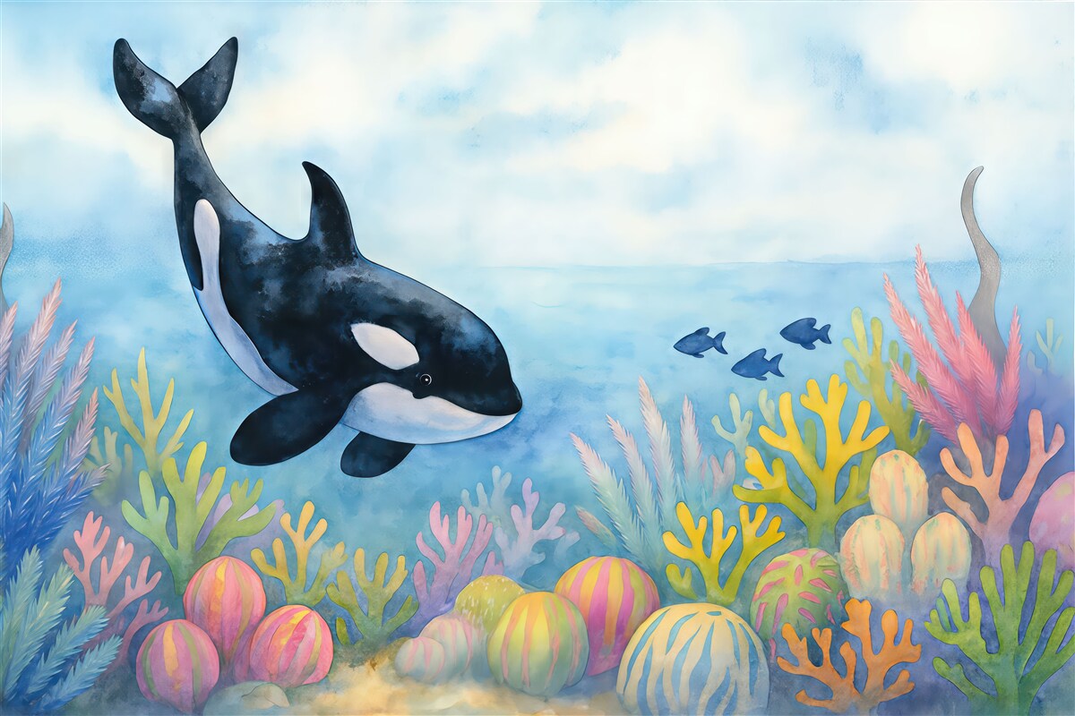 Fototapeta Tapeta dla dzieci przedstawiająca dużego wieloryba orkę w akwarelowym stylu na jasnoniebieskim tle oceanu i wodorostów.