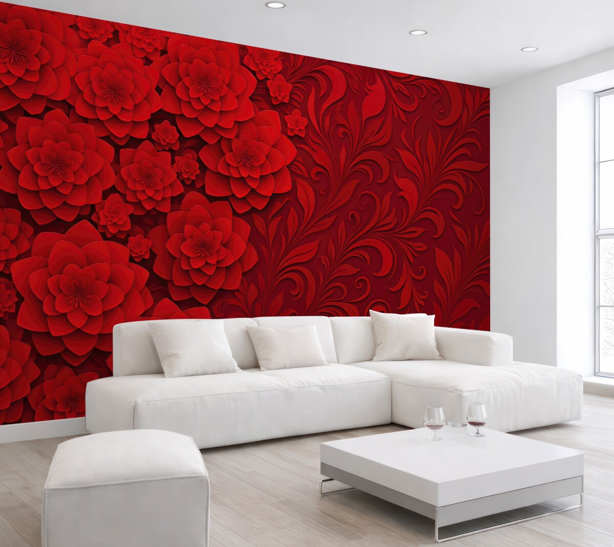 Fototapeta Bordowa tapeta z dużymi kwiatami, której wzór imituje objętość, na tle ornamentowego motywu.