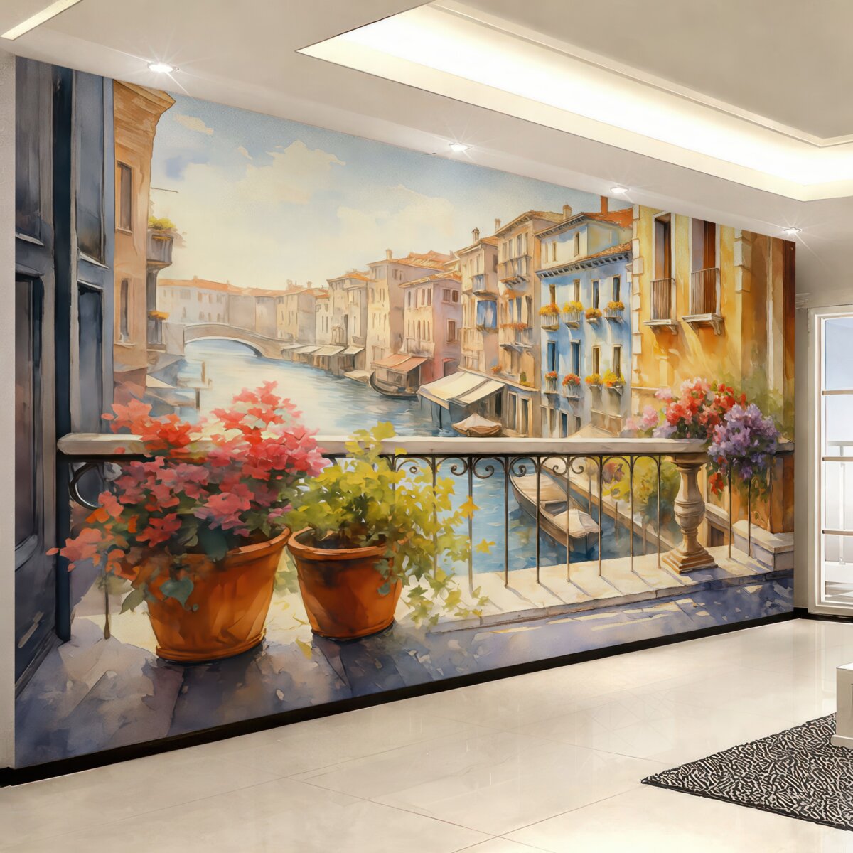 Fototapeta Rośliny w doniczkach na tarasie w Wenecji akwarela.