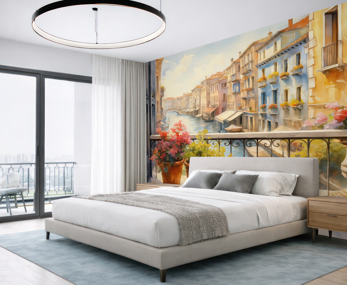 Fototapeta Rośliny w doniczkach na tarasie w Wenecji akwarela.