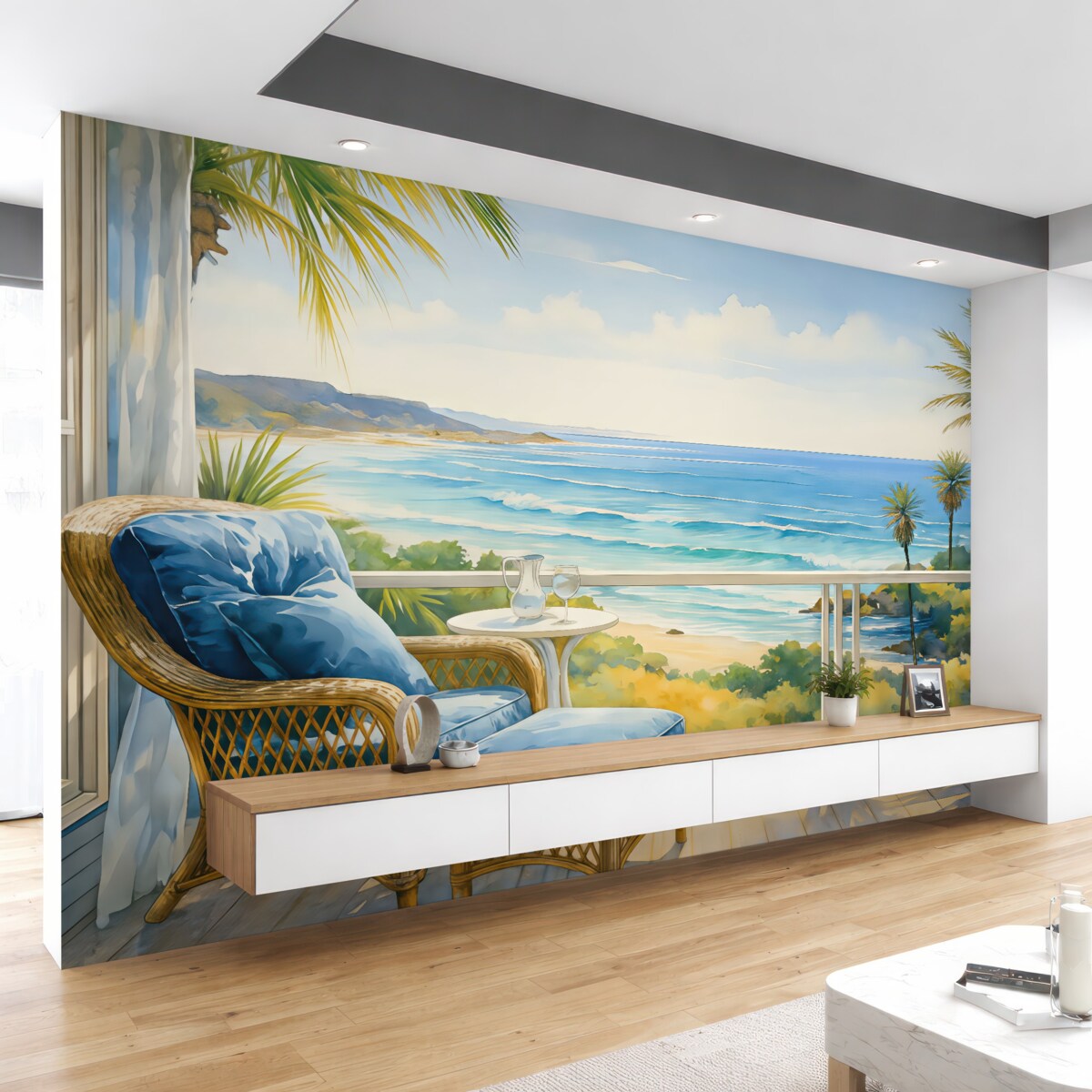 Fototapeta Niebieskie krzesło na balkonie z panoramą morza i palm akwarela.