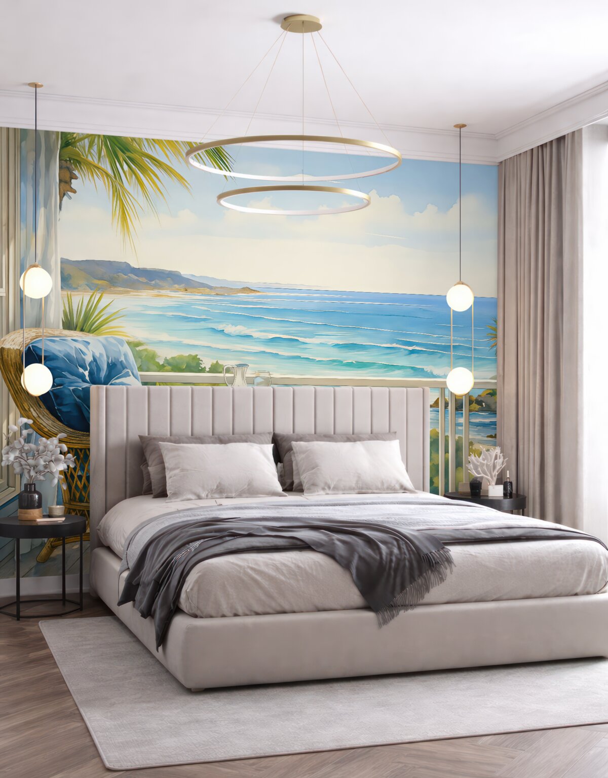 Fototapeta Niebieskie krzesło na balkonie z panoramą morza i palm akwarela.