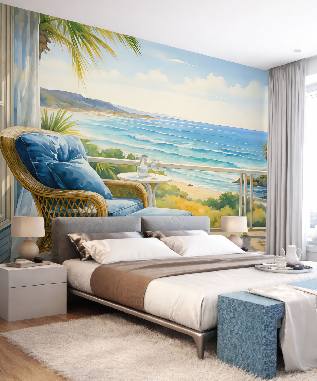 Fototapeta Niebieskie krzesło na balkonie z panoramą morza i palm akwarela.