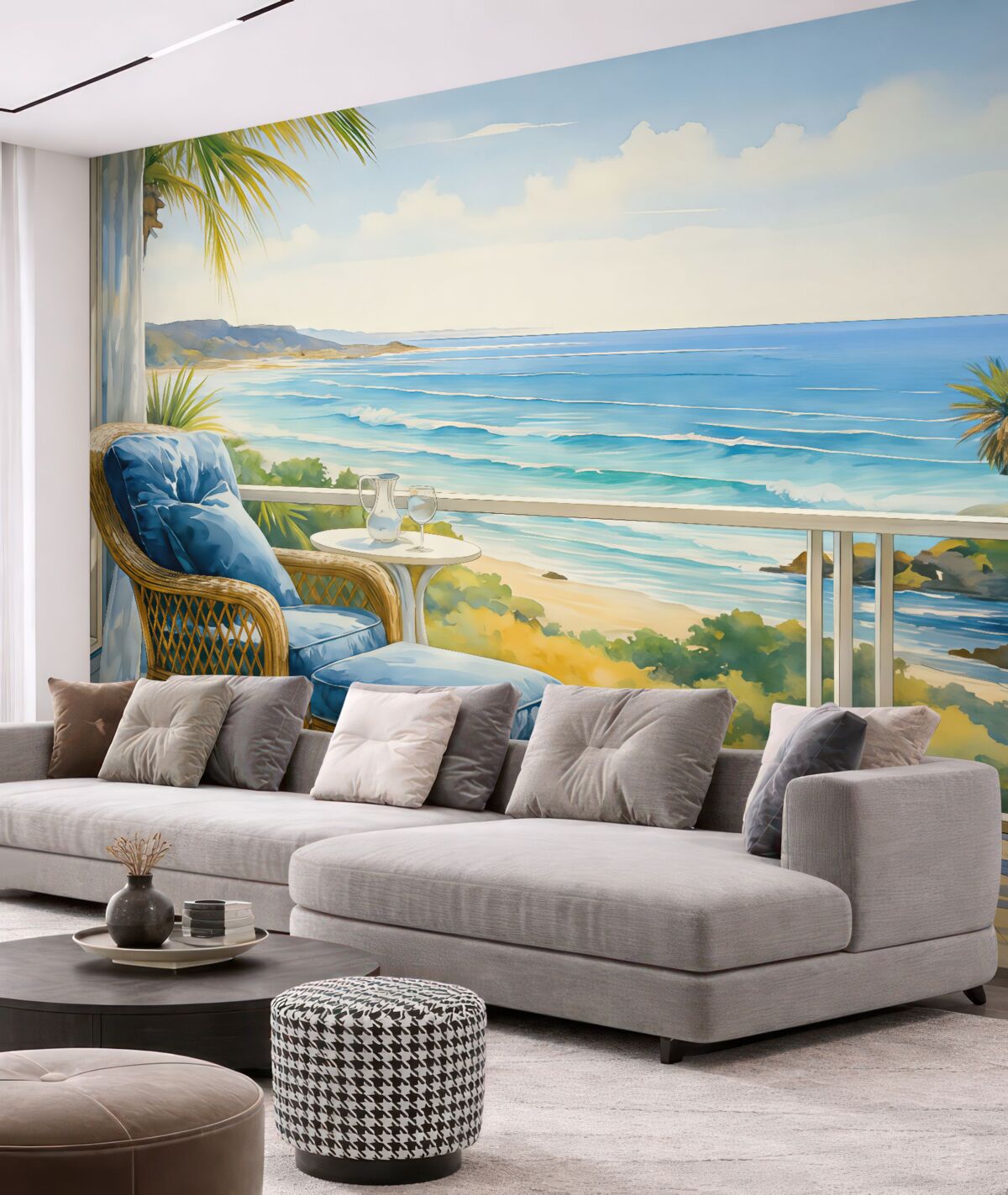 Fototapeta Niebieskie krzesło na balkonie z panoramą morza i palm akwarela.