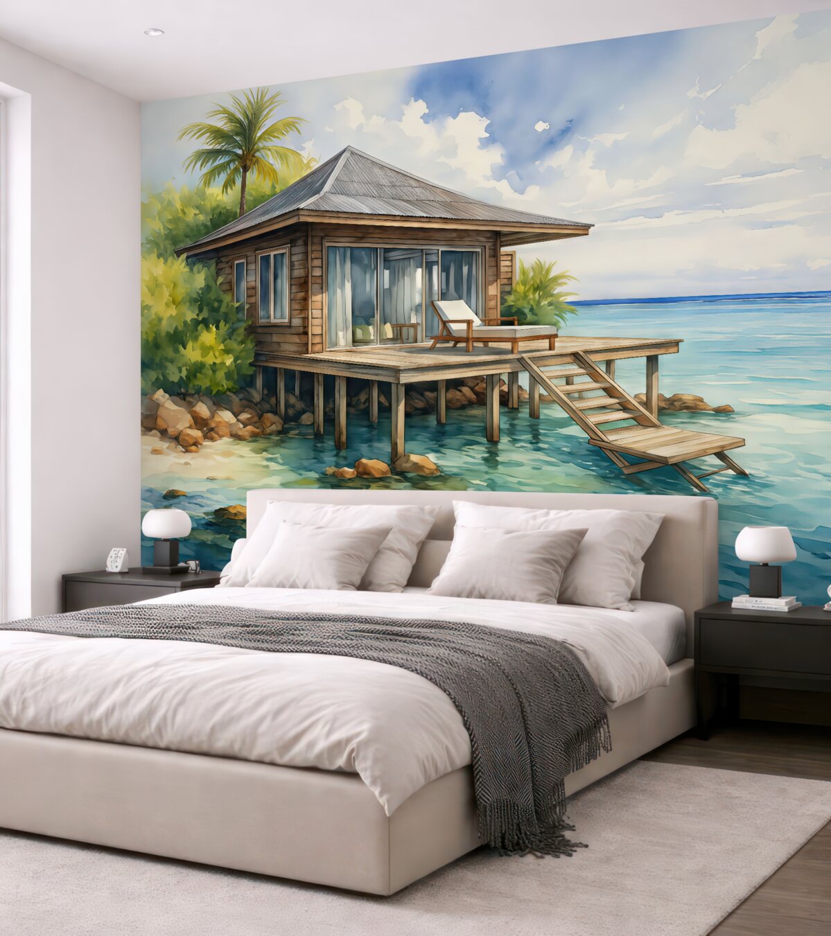 Fototapeta Drewniany budynek pośród morskiej akwareli.