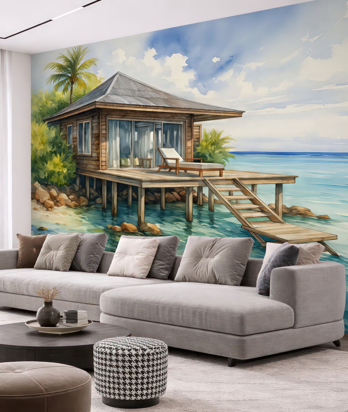 Fototapeta Drewniany budynek pośród morskiej akwareli.