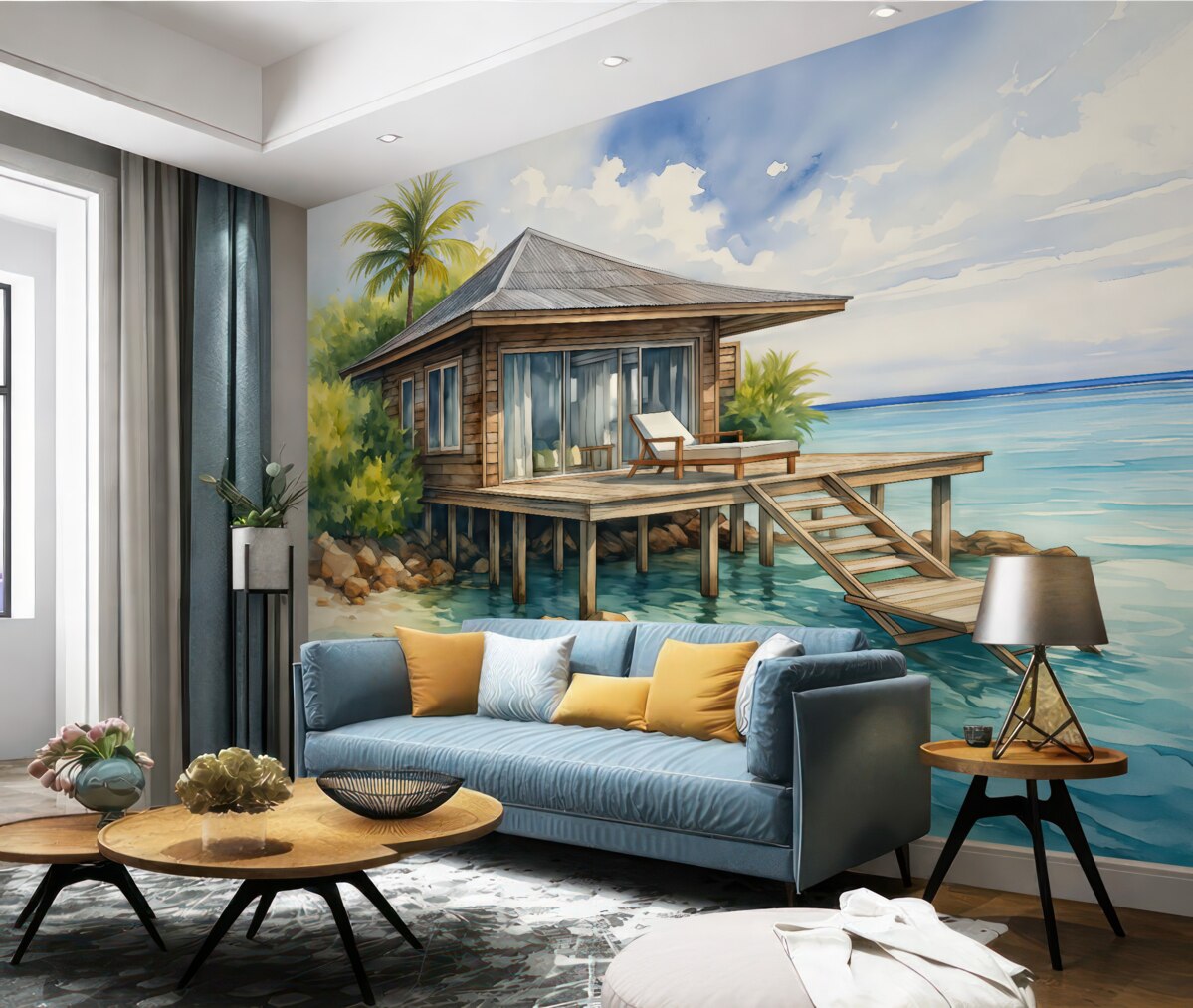 Fototapeta Drewniany budynek pośród morskiej akwareli.