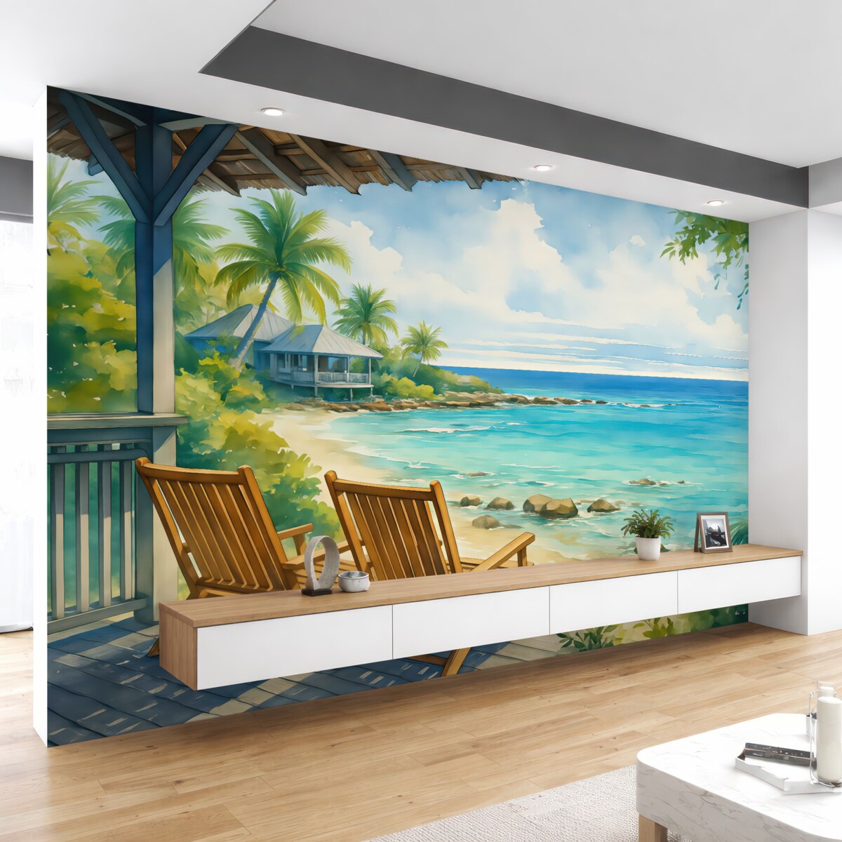 Fototapeta Krzesła na balkonie willi przy morzu akwarela.