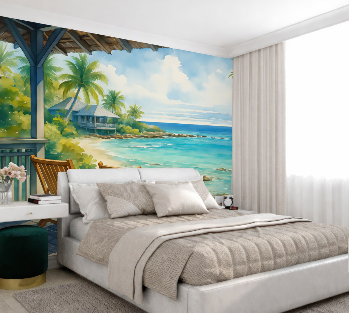 Fototapeta Krzesła na balkonie willi przy morzu akwarela.