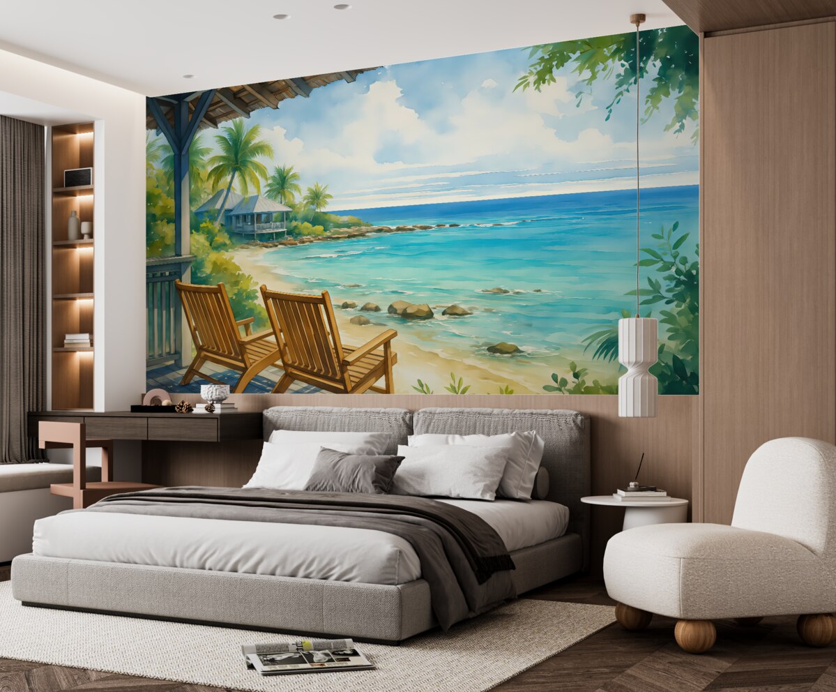 Fototapeta Krzesła na balkonie willi przy morzu akwarela.