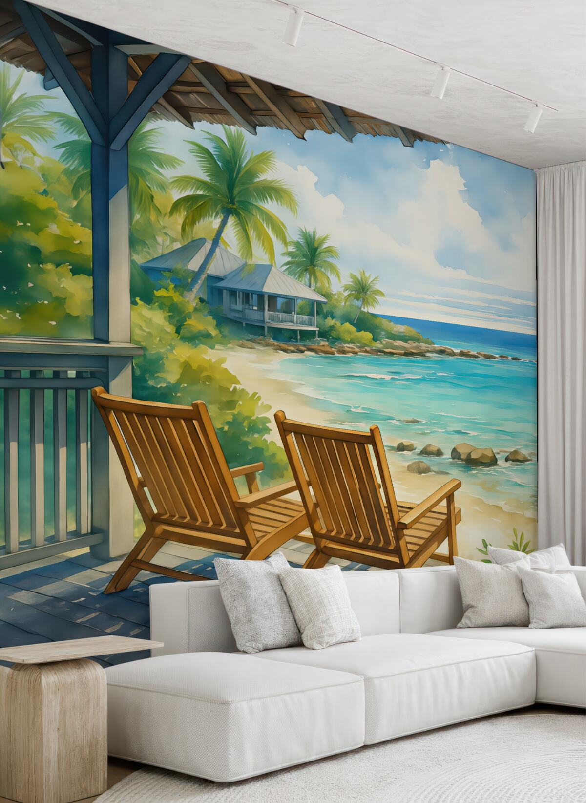 Fototapeta Krzesła na balkonie willi przy morzu akwarela.