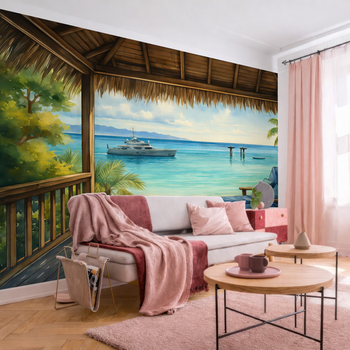 Fototapeta Niebieskie leżaki na balkonie do wypoczynku przy morskiej akwareli.