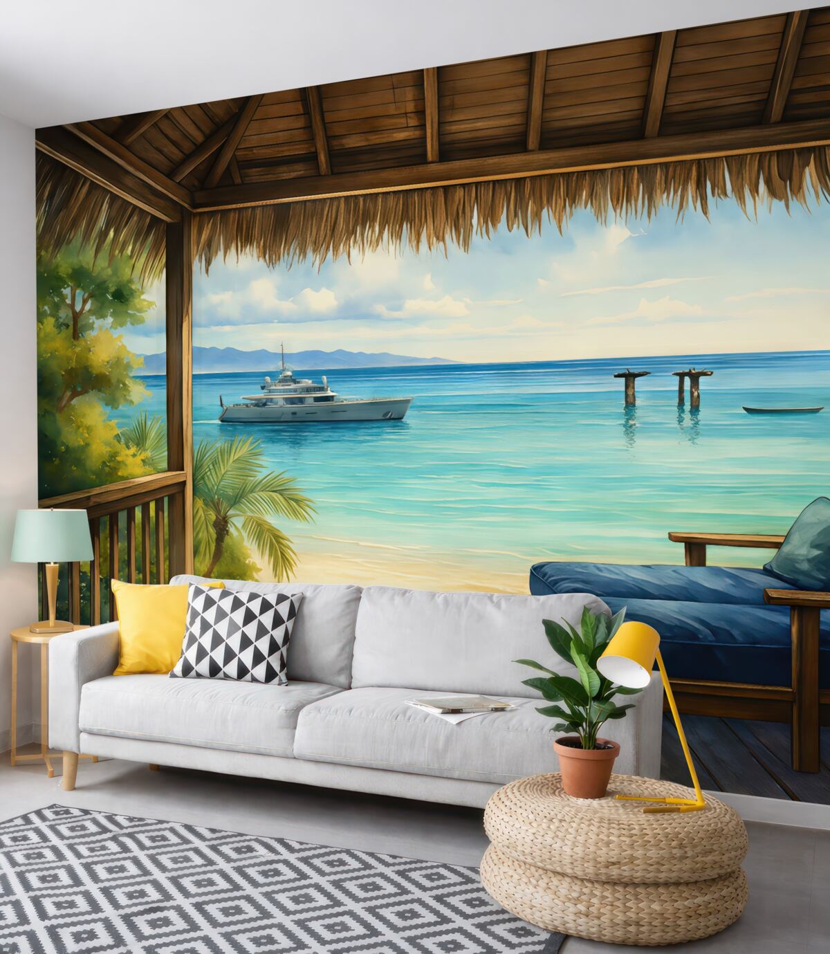 Fototapeta Niebieskie leżaki na balkonie do wypoczynku przy morskiej akwareli.