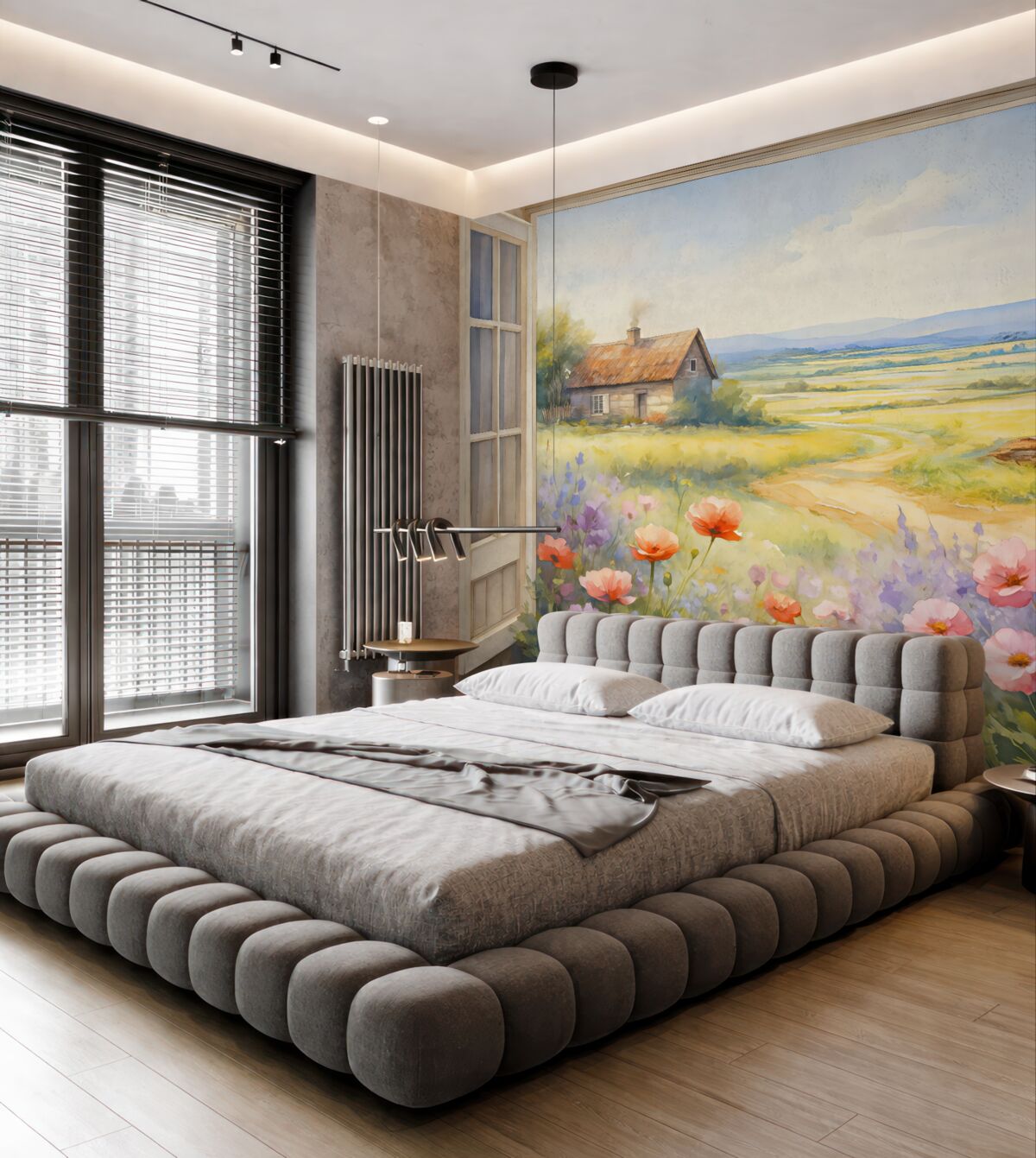 Fototapeta Widok z okna na pole z kwiatami oraz wiejski domek malowany akwarelą.