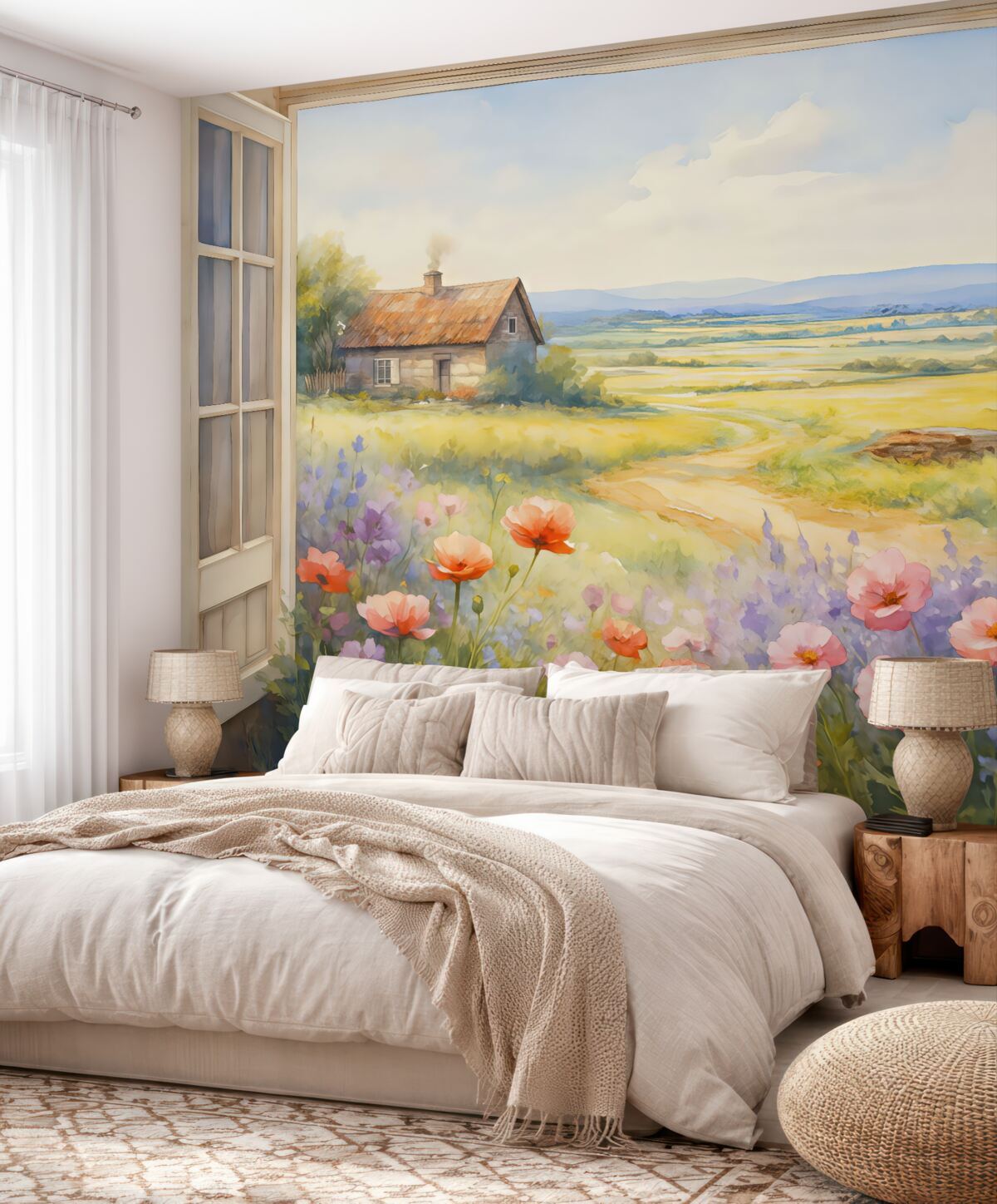 Fototapeta Widok z okna na pole z kwiatami oraz wiejski domek malowany akwarelą.