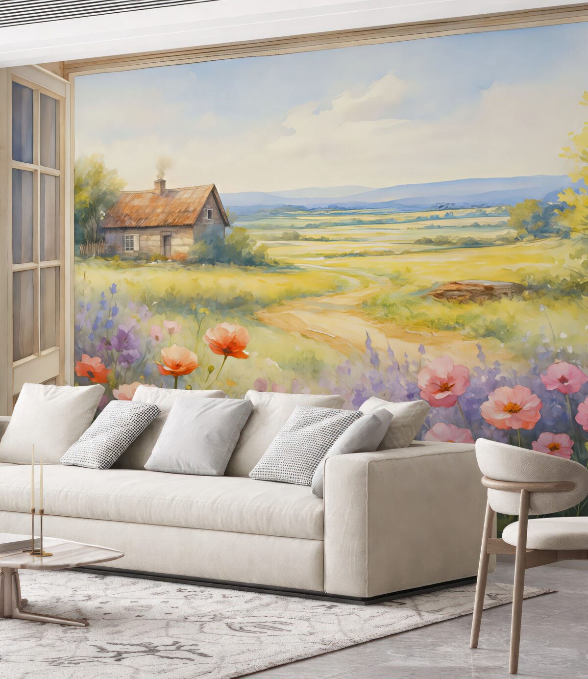 Fototapeta Widok z okna na pole z kwiatami oraz wiejski domek malowany akwarelą.