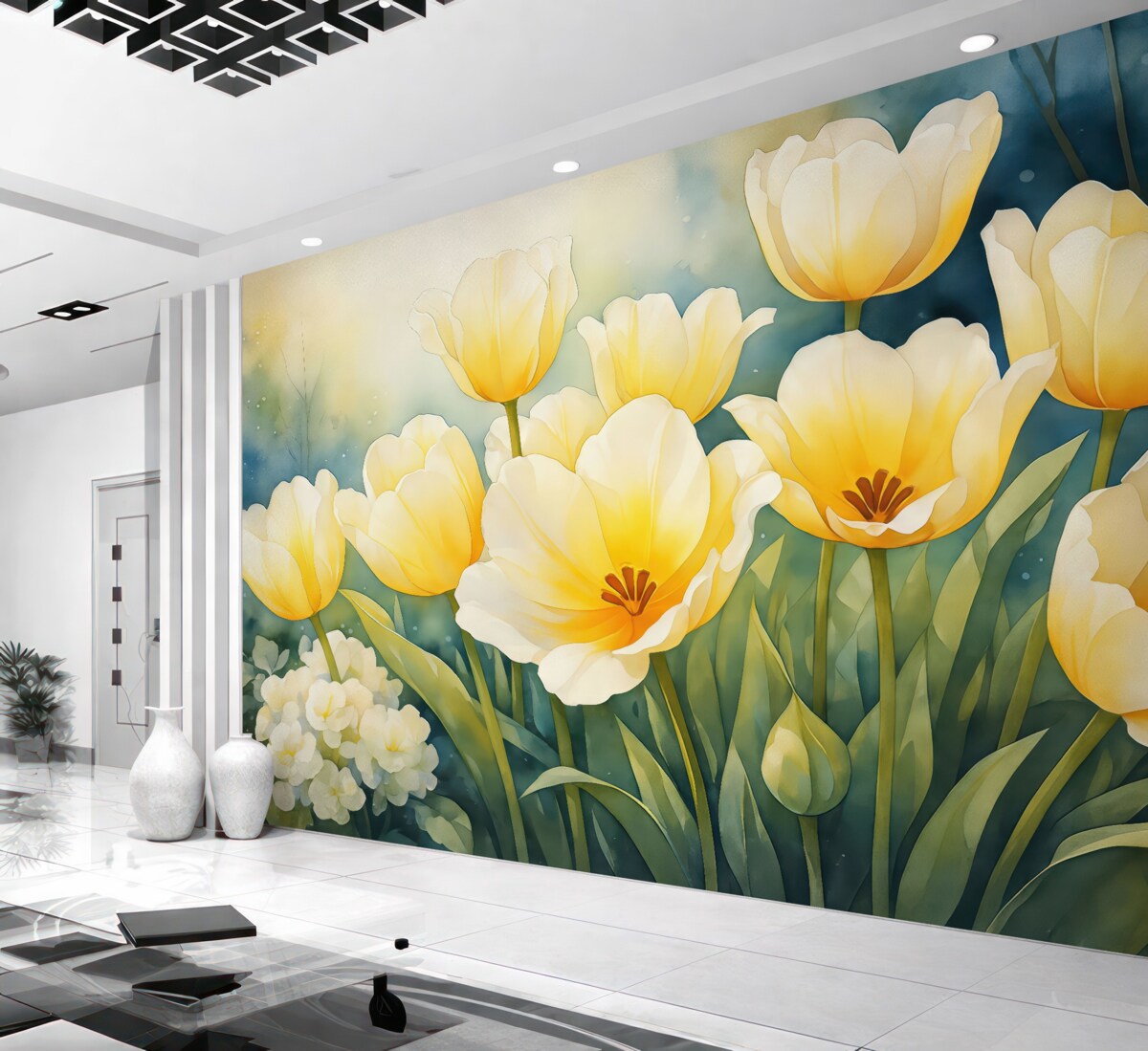 Fototapeta Tulipany w kolorze żółtym, akwarela