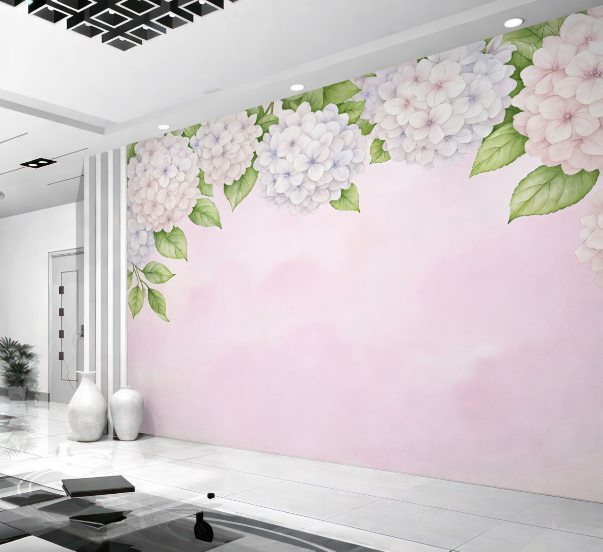 Fototapeta hortensja, kwiaty z góry, purpurowa hortensja, różowy background, akwarela