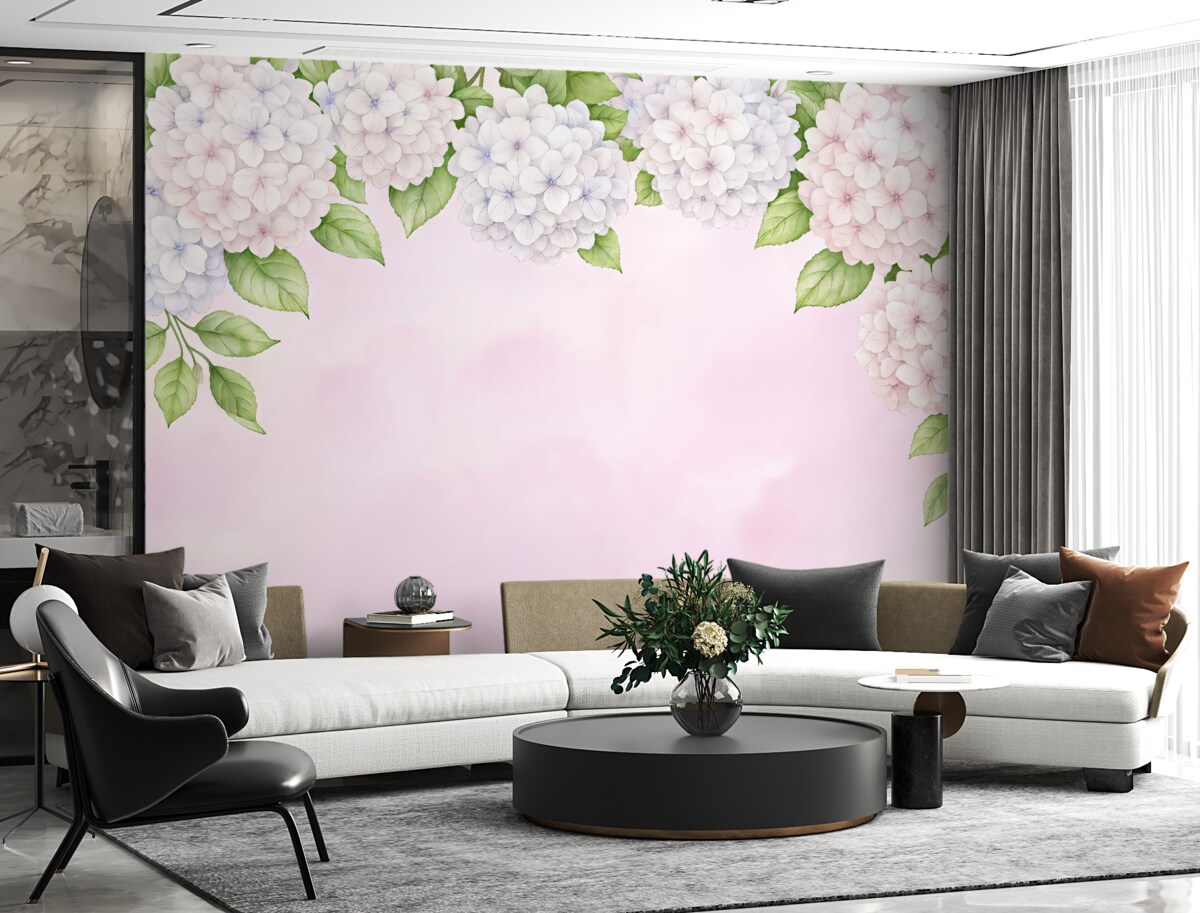 Fototapeta hortensja, kwiaty z góry, purpurowa hortensja, różowy background, akwarela