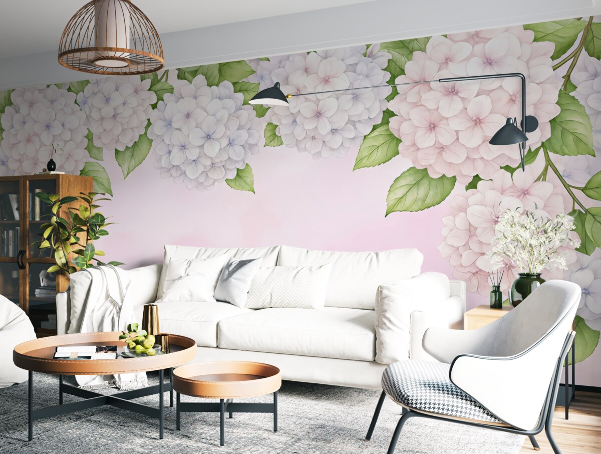 Fototapeta hortensja, kwiaty z góry, purpurowa hortensja, różowy background, akwarela