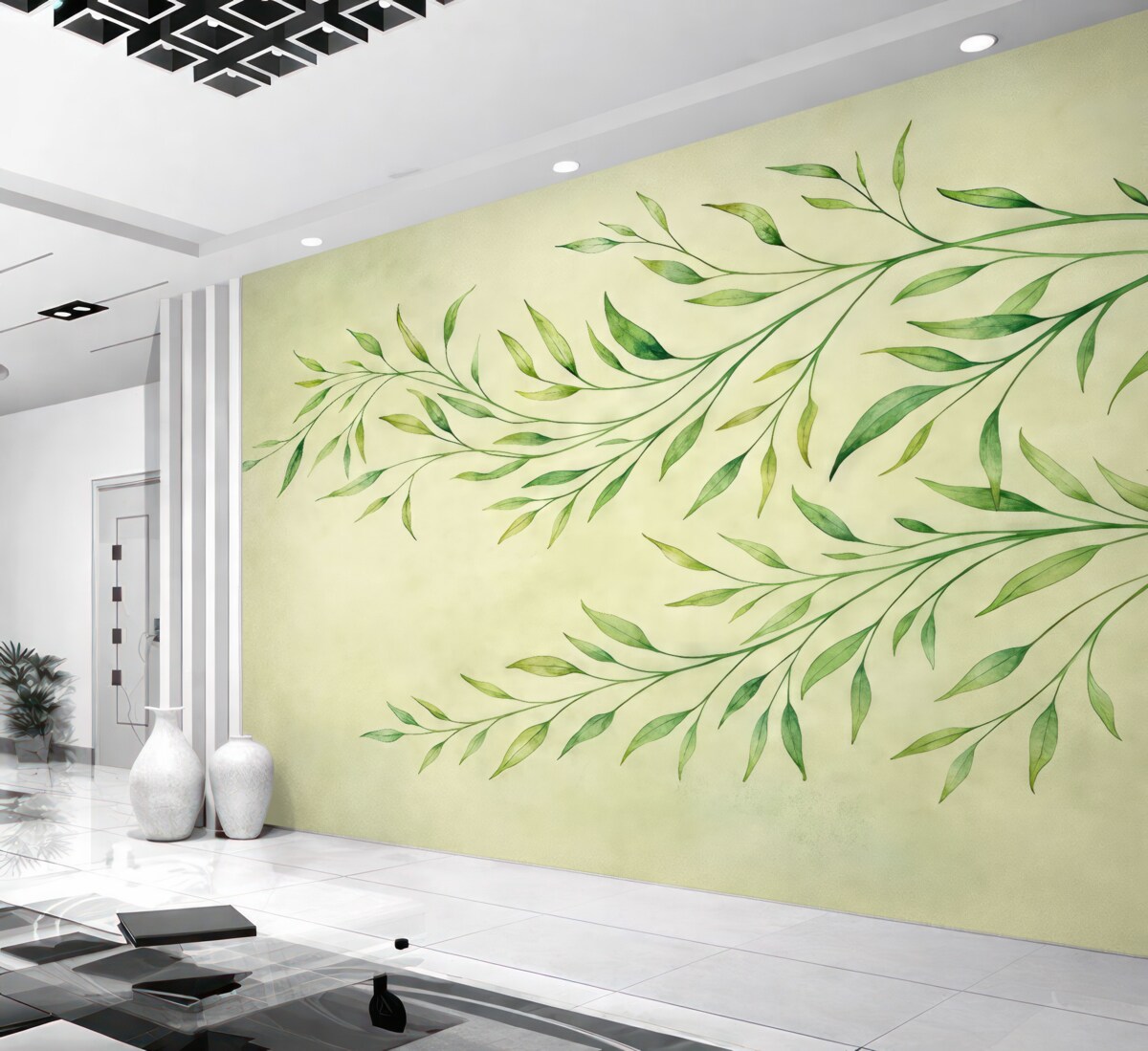 Fototapeta gałęzie z liśćmi, delikatne gałązki, gałęzie na oliwkowym tle, akwarela