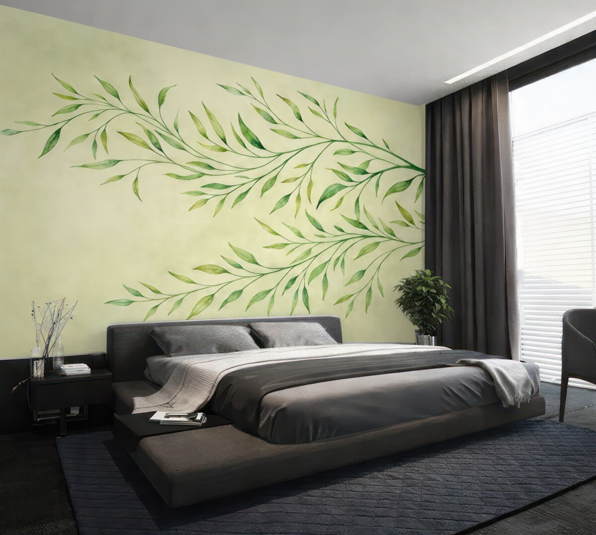 Fototapeta gałęzie z liśćmi, delikatne gałązki, gałęzie na oliwkowym tle, akwarela