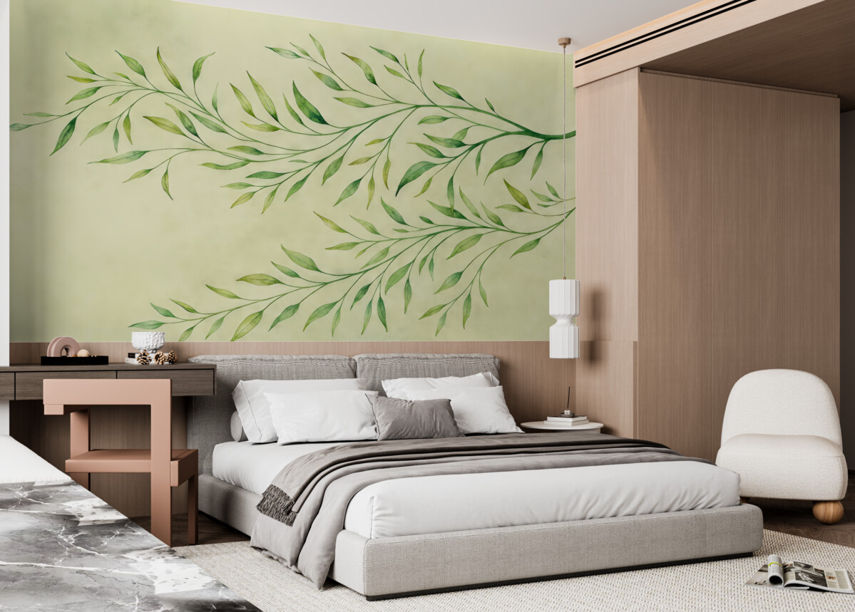 Fototapeta gałęzie z liśćmi, delikatne gałązki, gałęzie na oliwkowym tle, akwarela