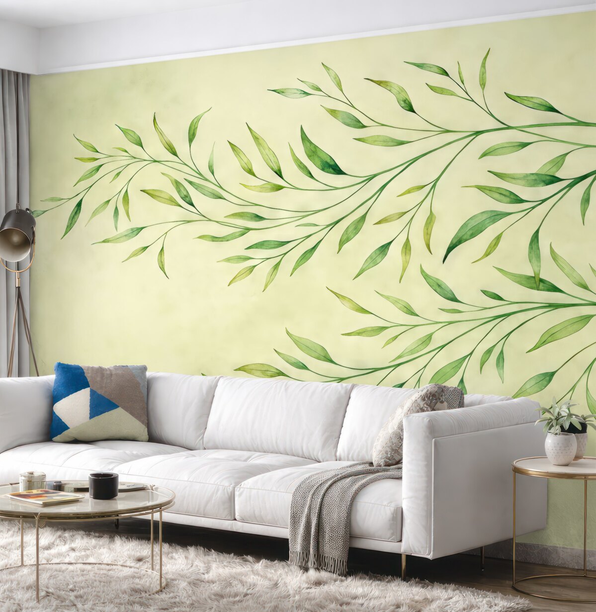 Fototapeta gałęzie z liśćmi, delikatne gałązki, gałęzie na oliwkowym tle, akwarela