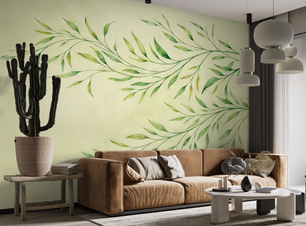 Fototapeta gałęzie z liśćmi, delikatne gałązki, gałęzie na oliwkowym tle, akwarela