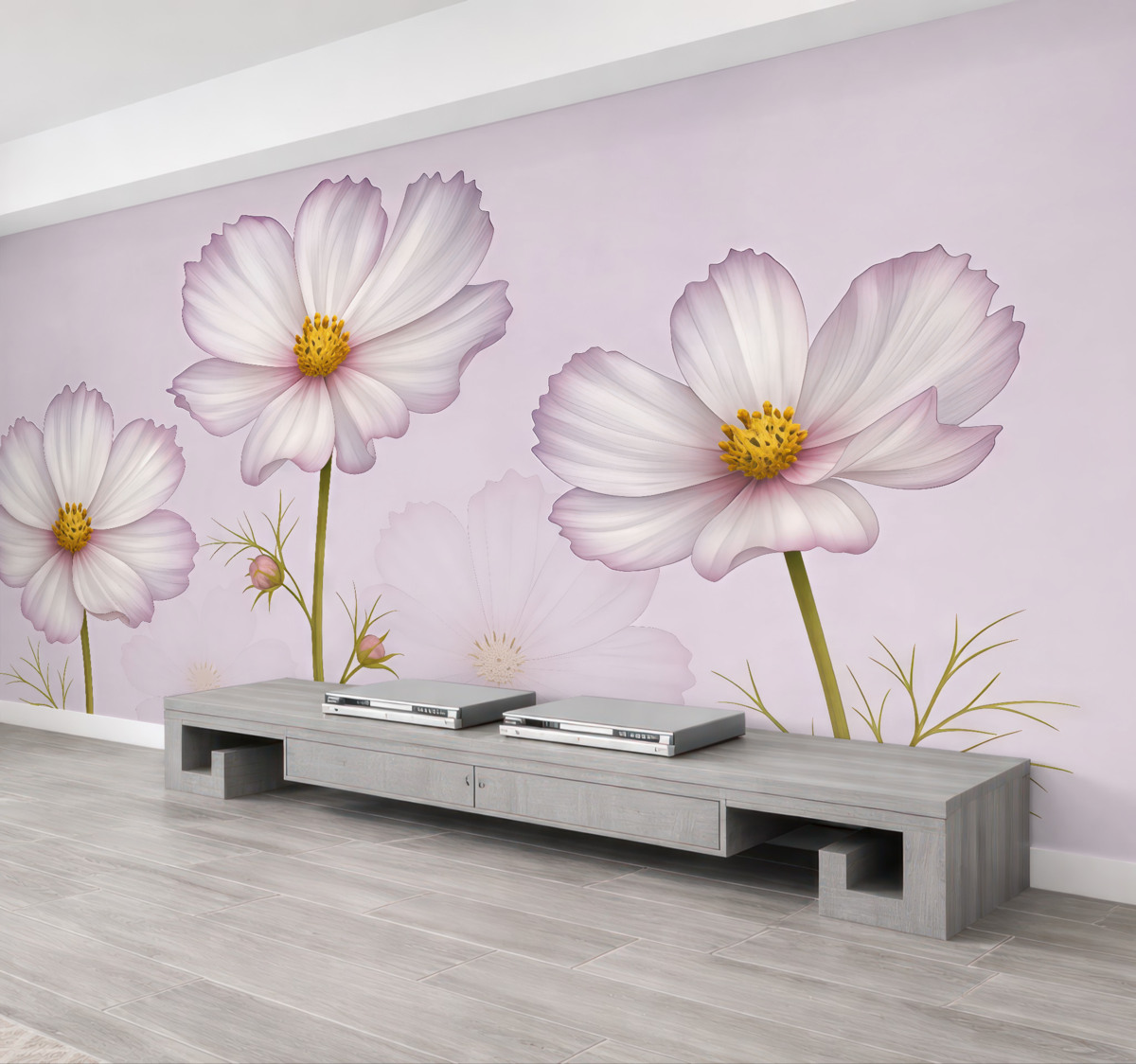 Fototapeta wielkie kwiaty łąkowe, purpurowe kwiaty, technika akwareli