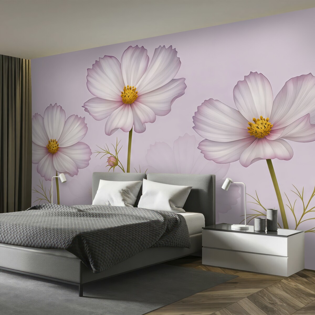 Fototapeta wielkie kwiaty łąkowe, purpurowe kwiaty, technika akwareli