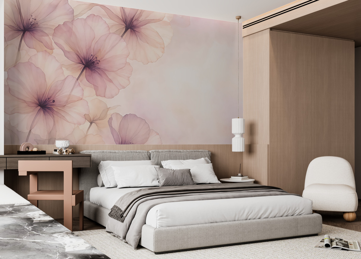 Fototapeta subtelne półprzezroczyste kwiaty, różowe rośliny, kwiaty obserwowane z góry