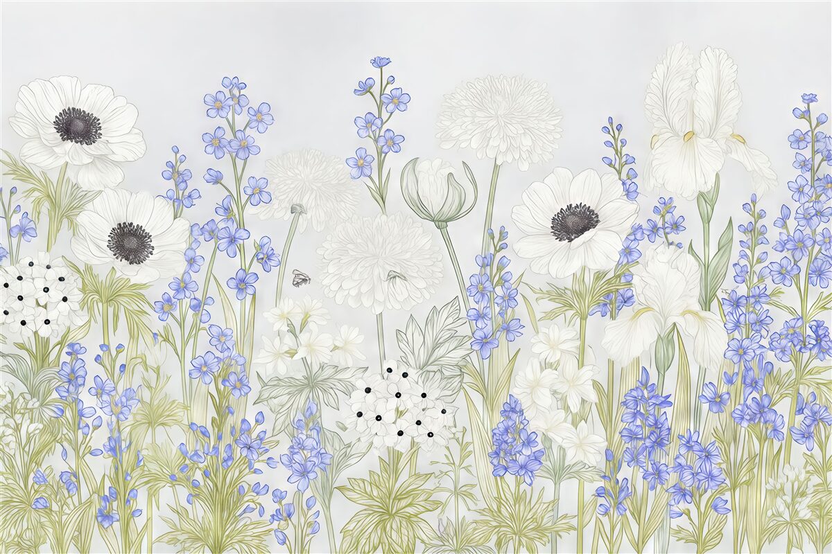 Fototapeta Kwiaty polne w malowaniu, niebieskie i białe, na szarej tle.