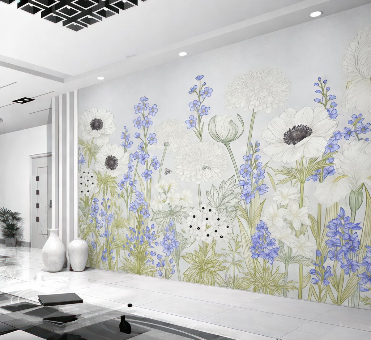 Fototapeta Kwiaty polne w malowaniu, niebieskie i białe, na szarej tle.